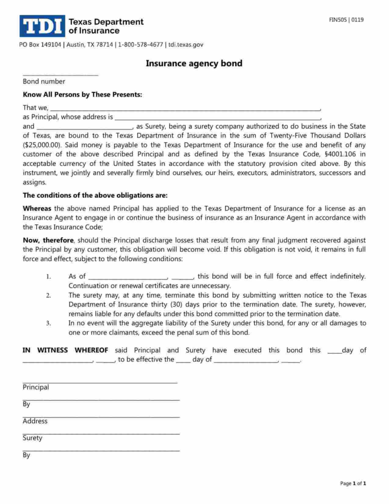 Texas Insurance Agency Bond Form