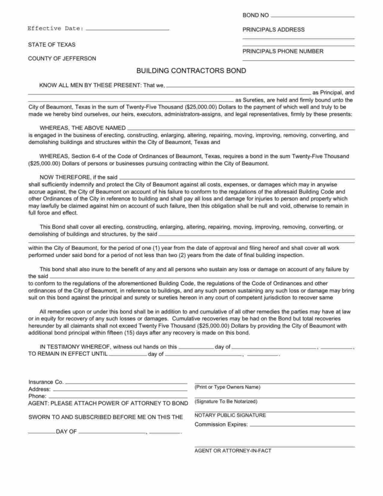 Texas Building Contractor Bond Form