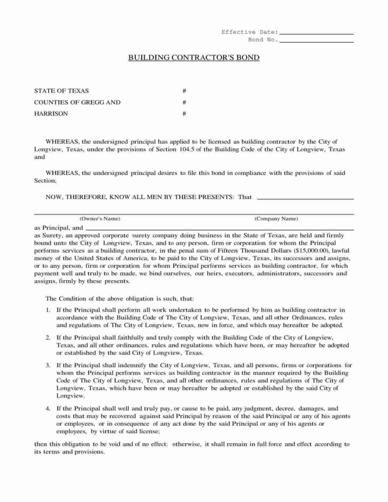 Texas Building Contractor Bond Form