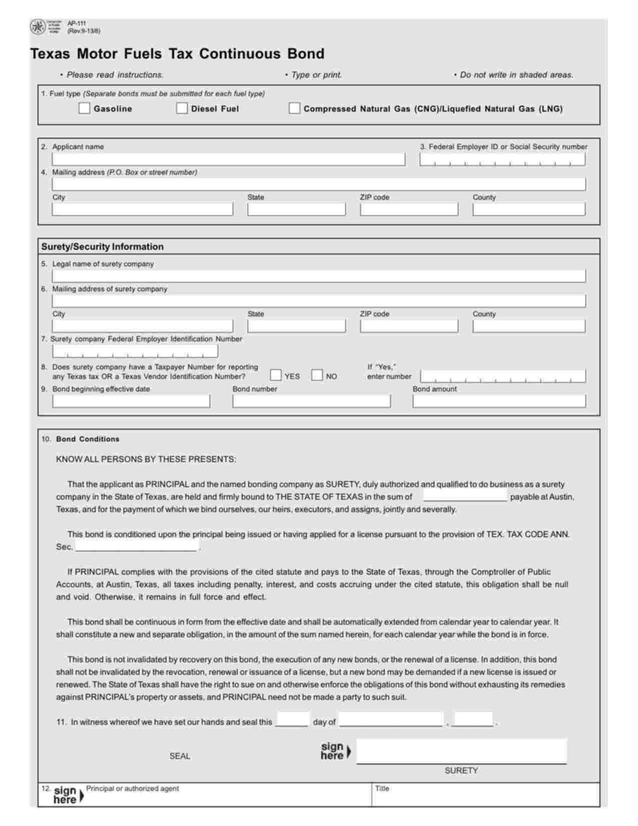 Texas Motor Fuels Tax - Gasoline Bond Form