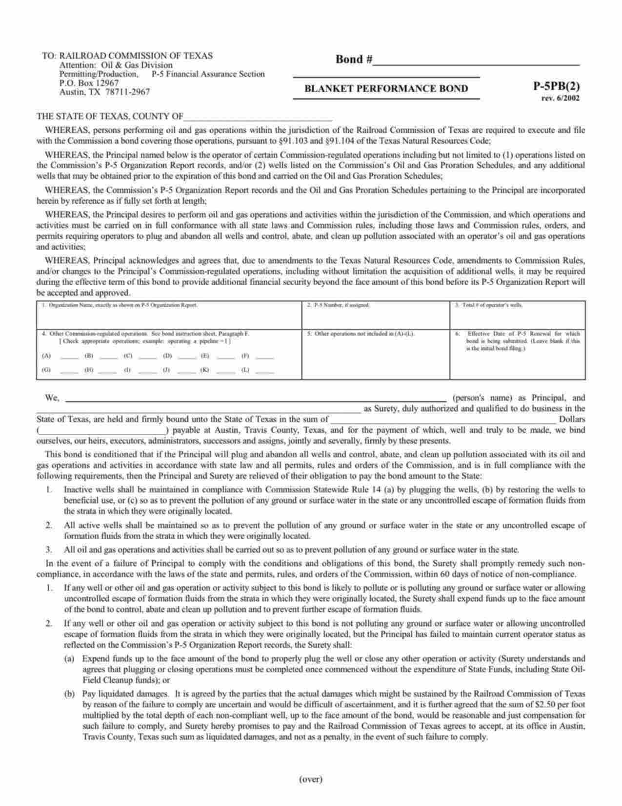 Texas Oil and Gas Blanket Performance Bond Form