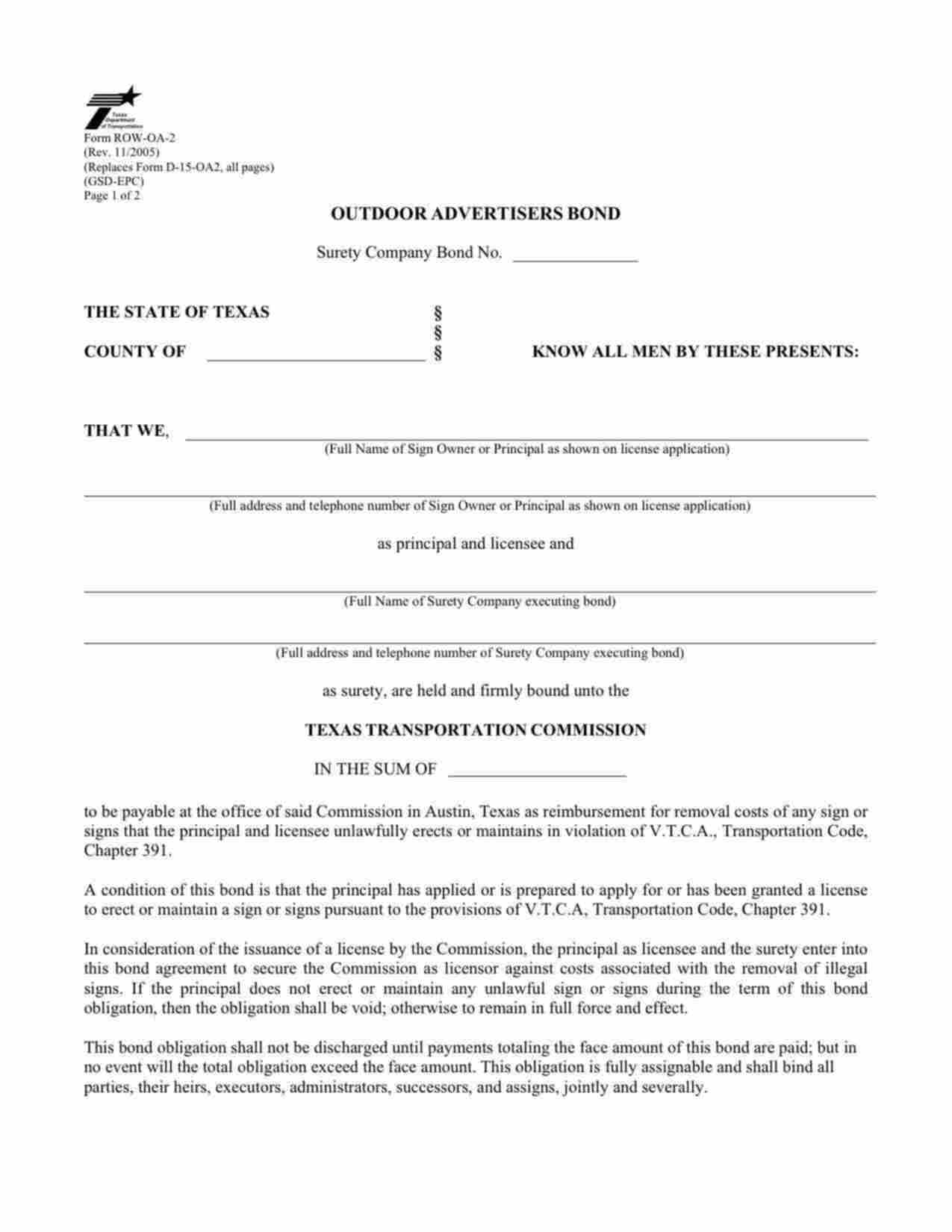 Texas Commercial Sign Operator Bond Form