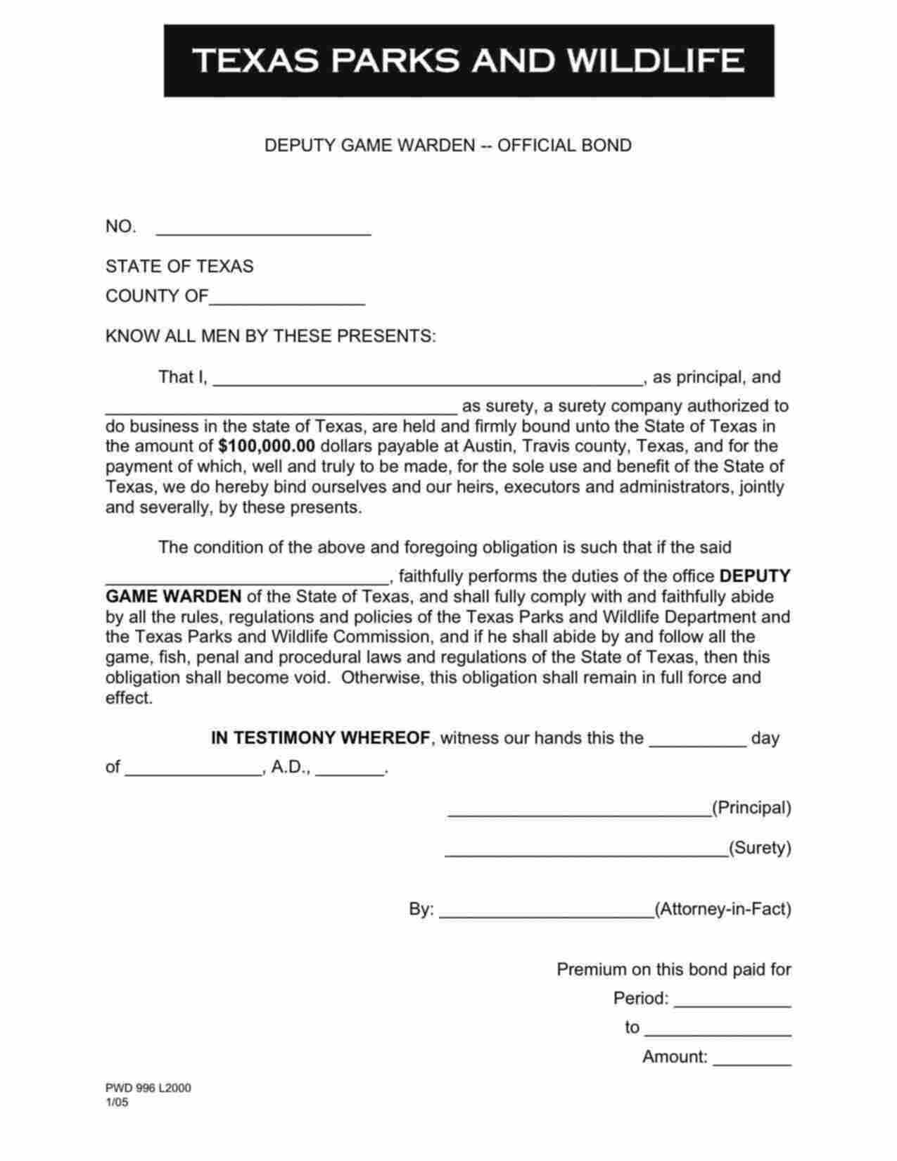 Texas Deputy Game Warden Bond Form