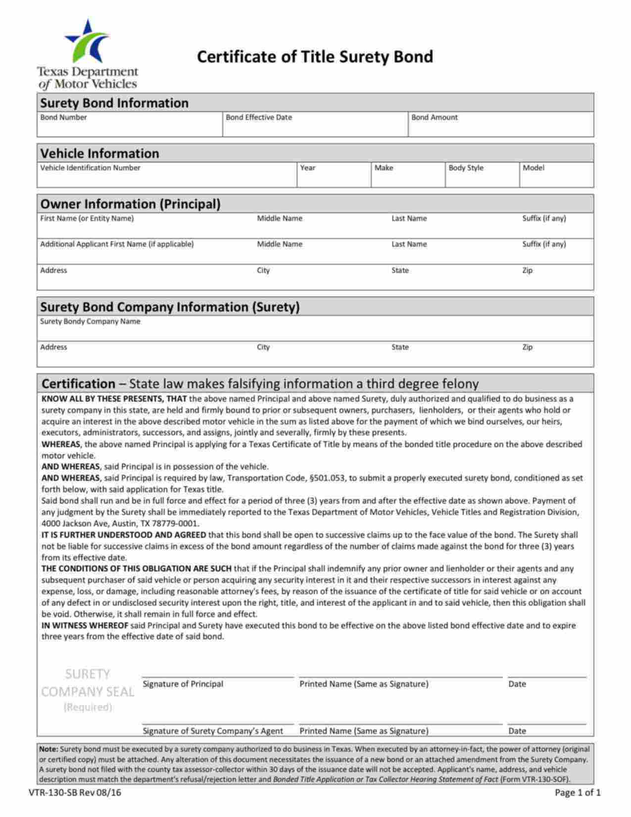 Texas Motor Vehicle Certificate of Title Bond Form