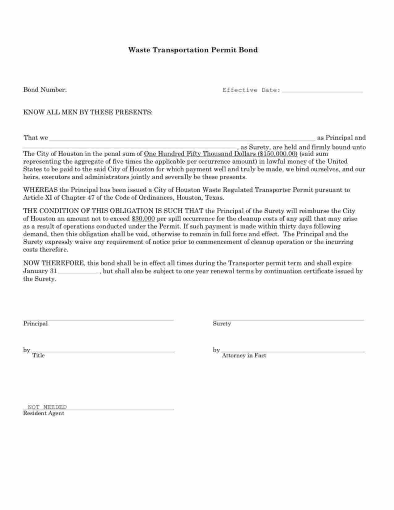 Texas Waste Transportation Permit Bond Form