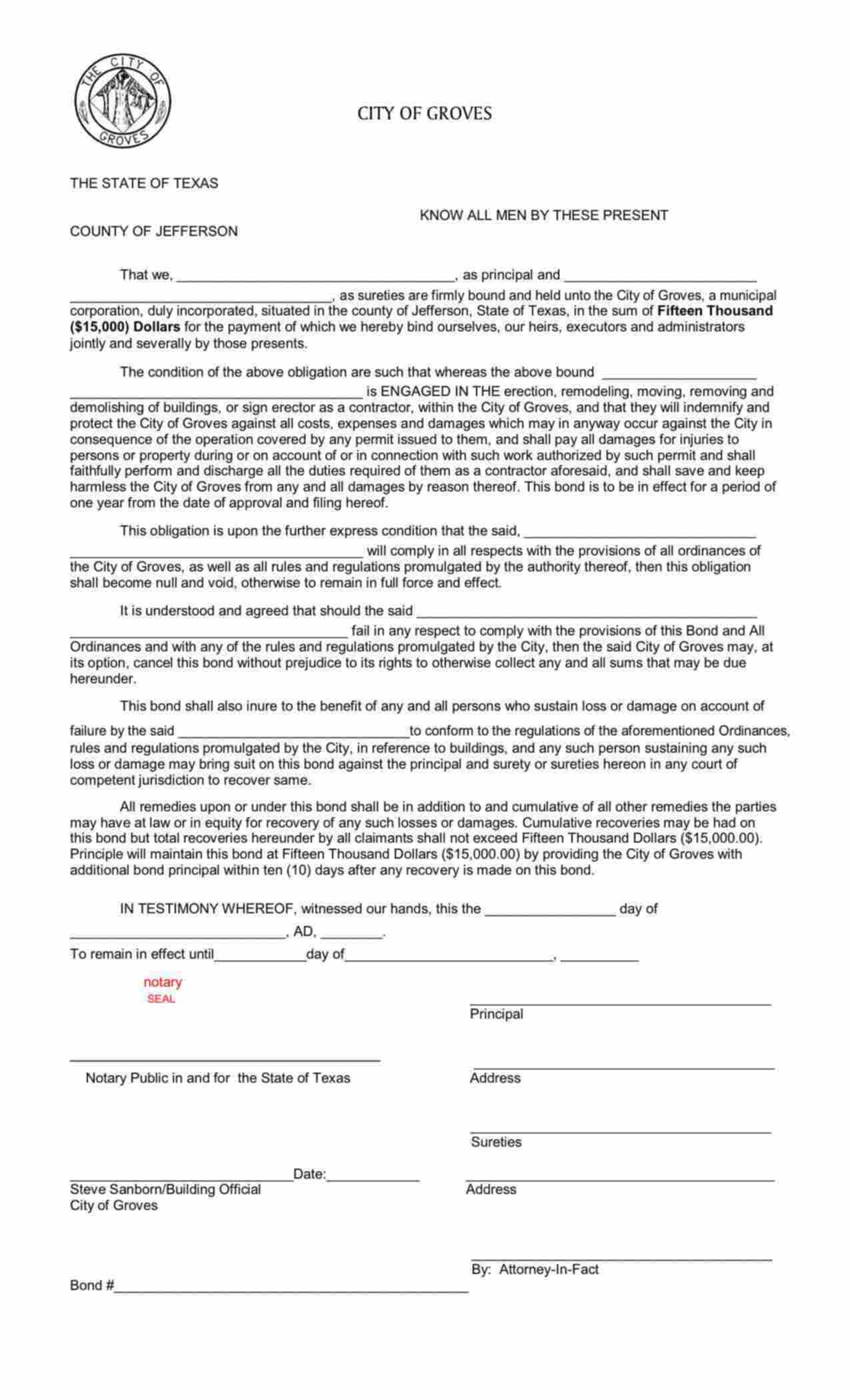 Texas Contractor Bond Form