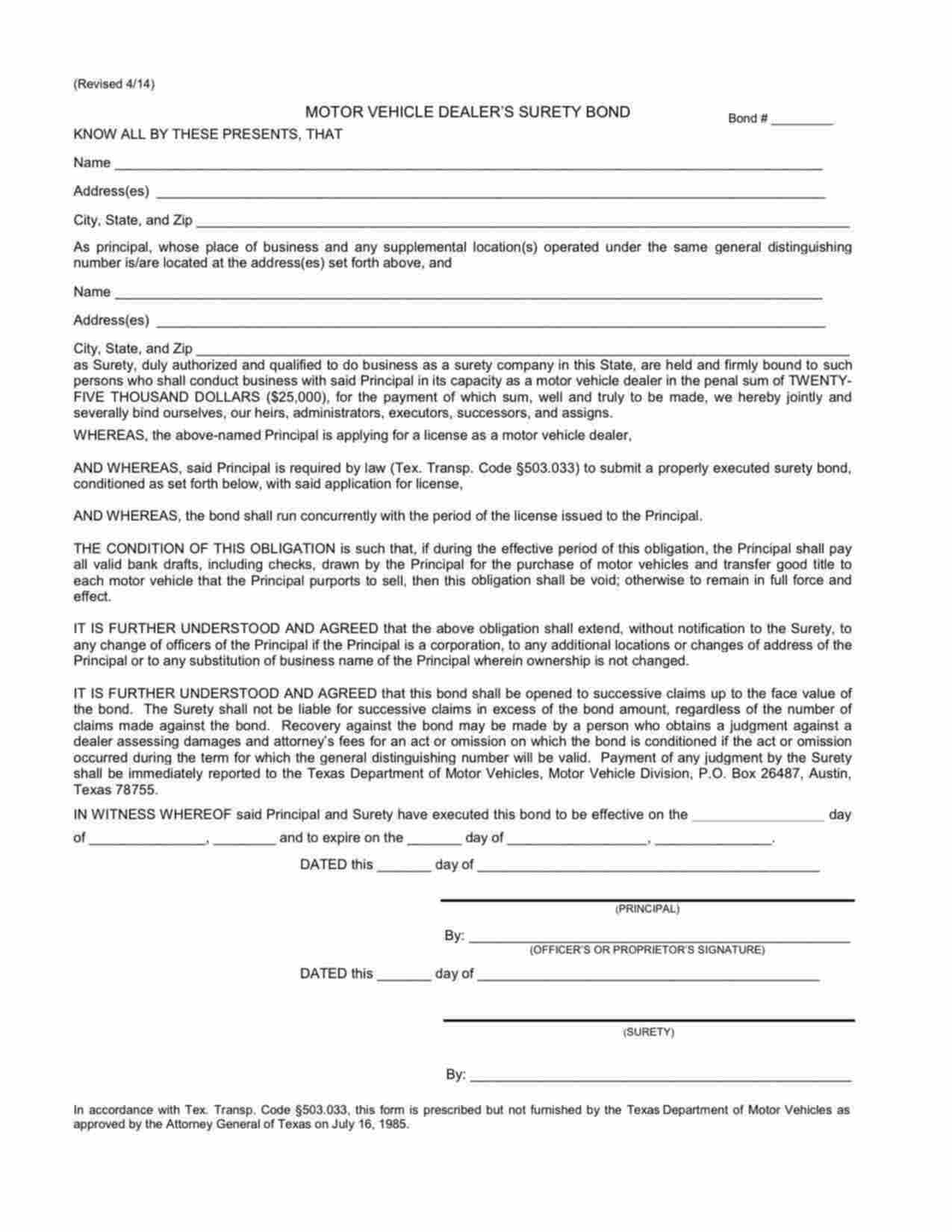 Texas Motor Vehicle Dealer Bond Form