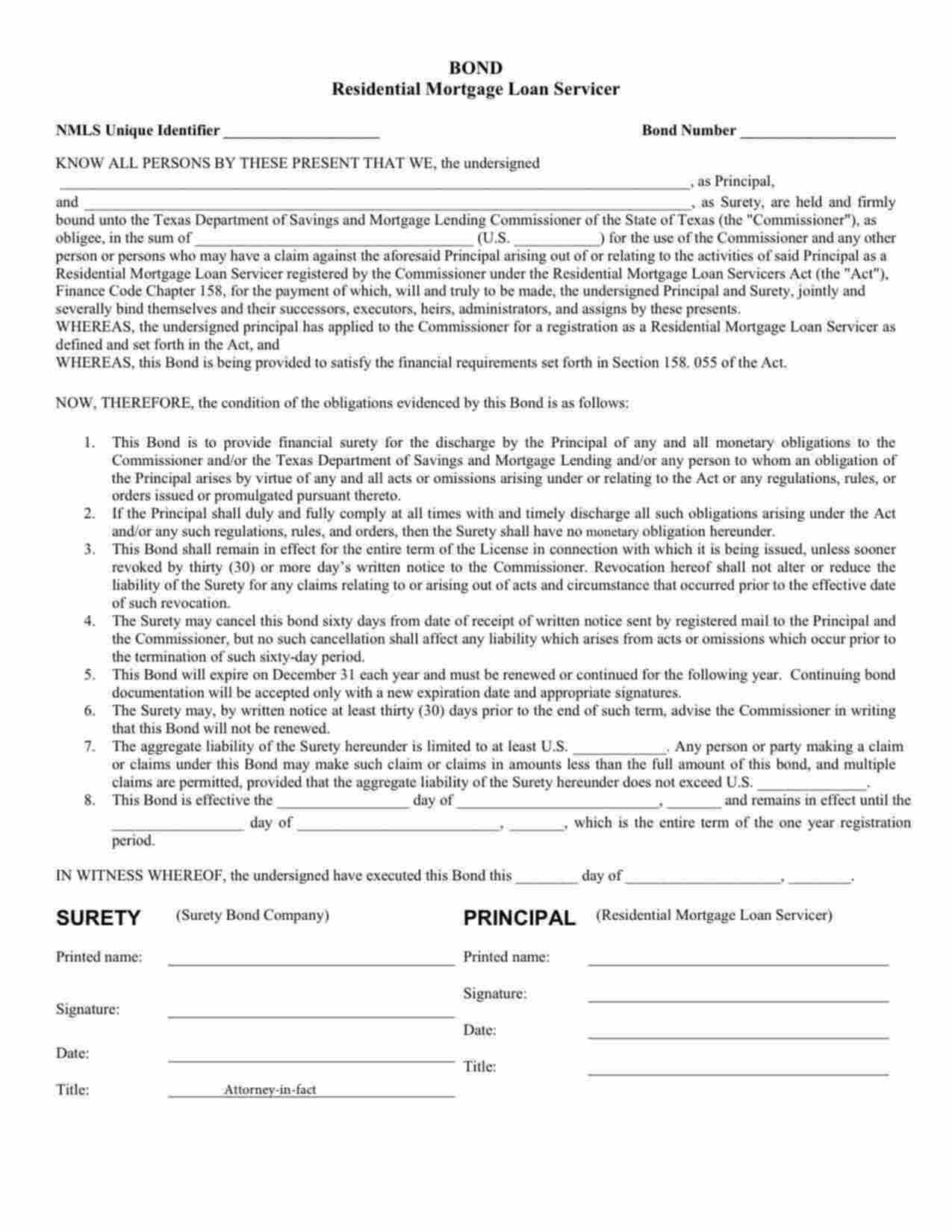 Texas Residential Mortgage Loan Servicer Bond Form