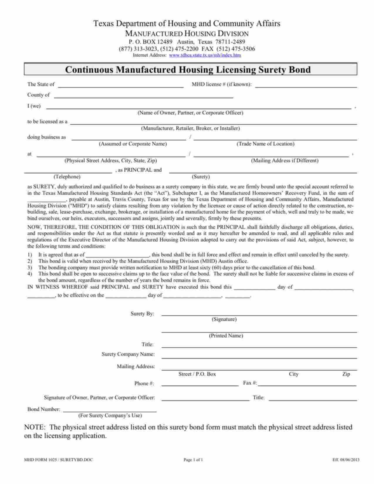 Texas Manufactured Housing Retailer Bond Form