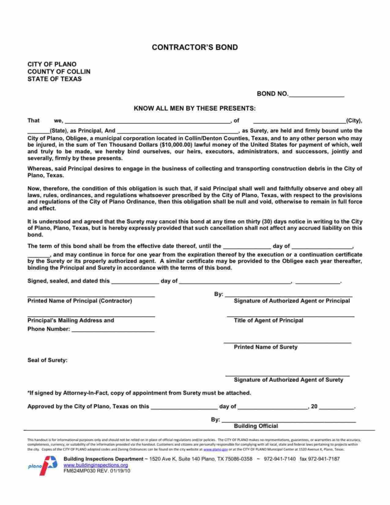 Texas Contractors (Collection and Transporting Construction Debris) Bond Form