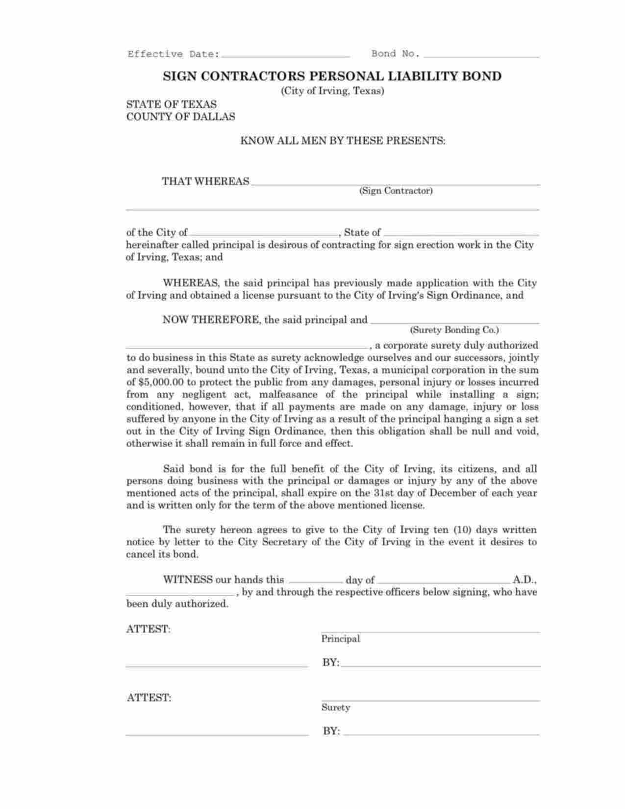 Texas Sign Contractors Personal Liability Bond Form