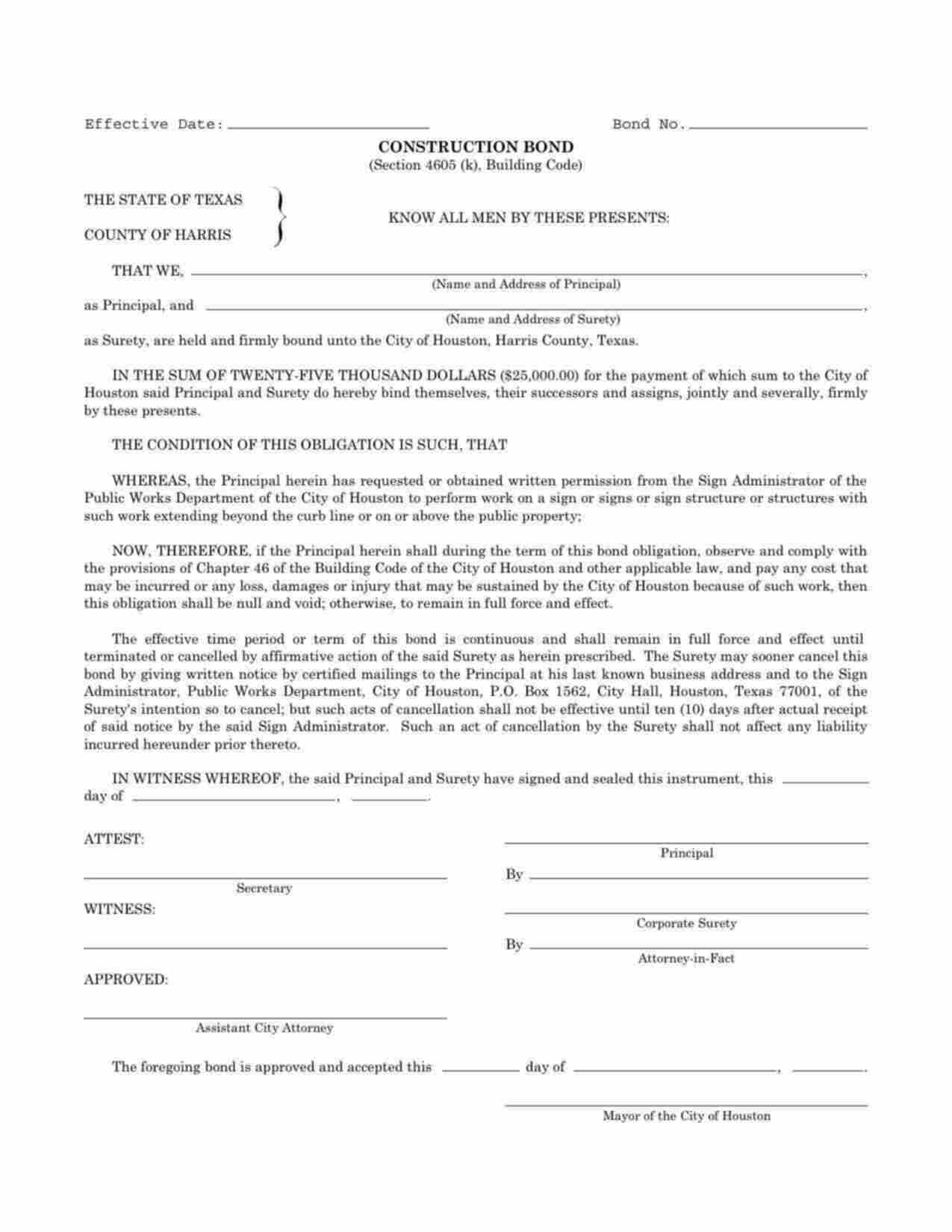 Texas Sign Construction Bond Form