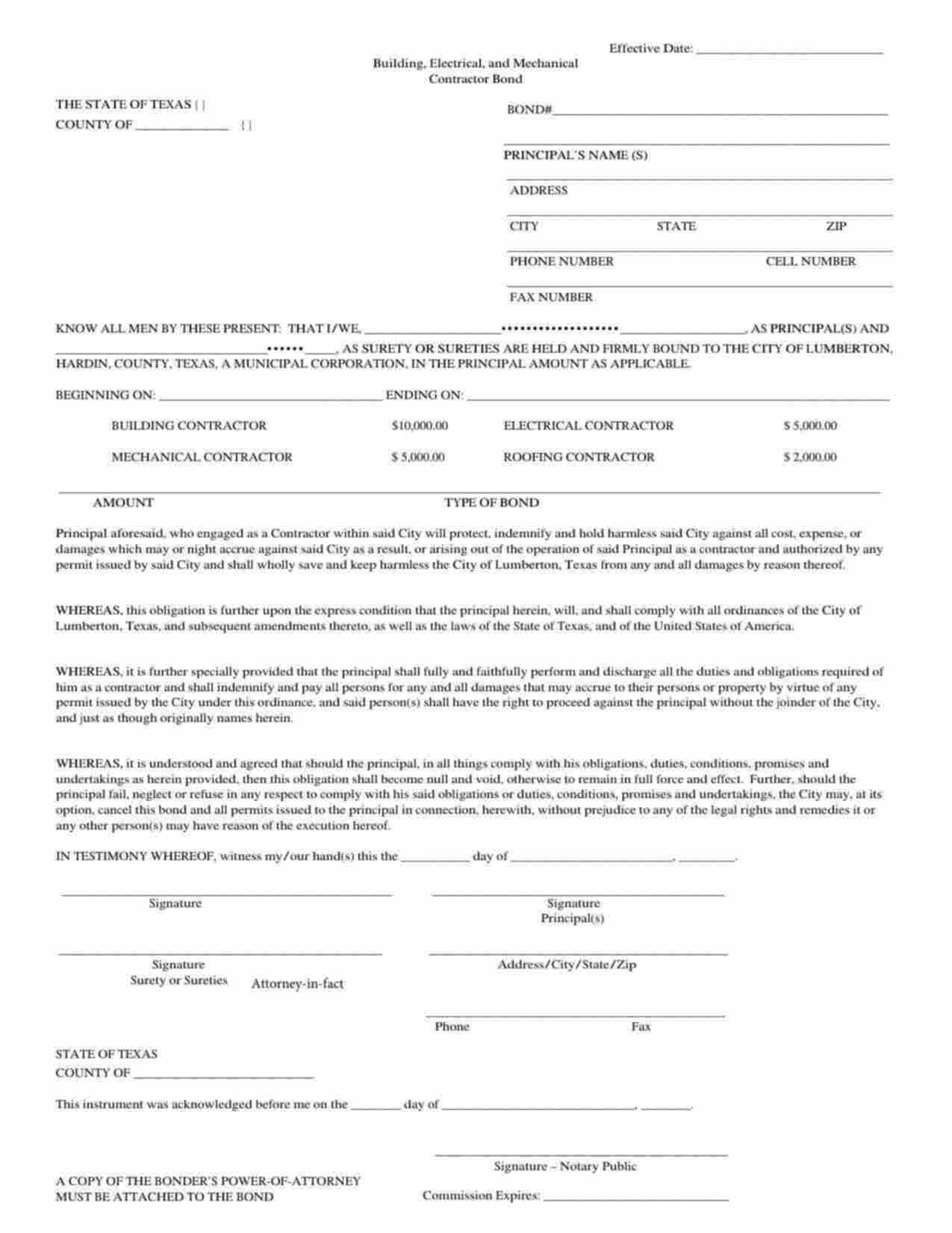 Texas Roofing Contractor Bond Form