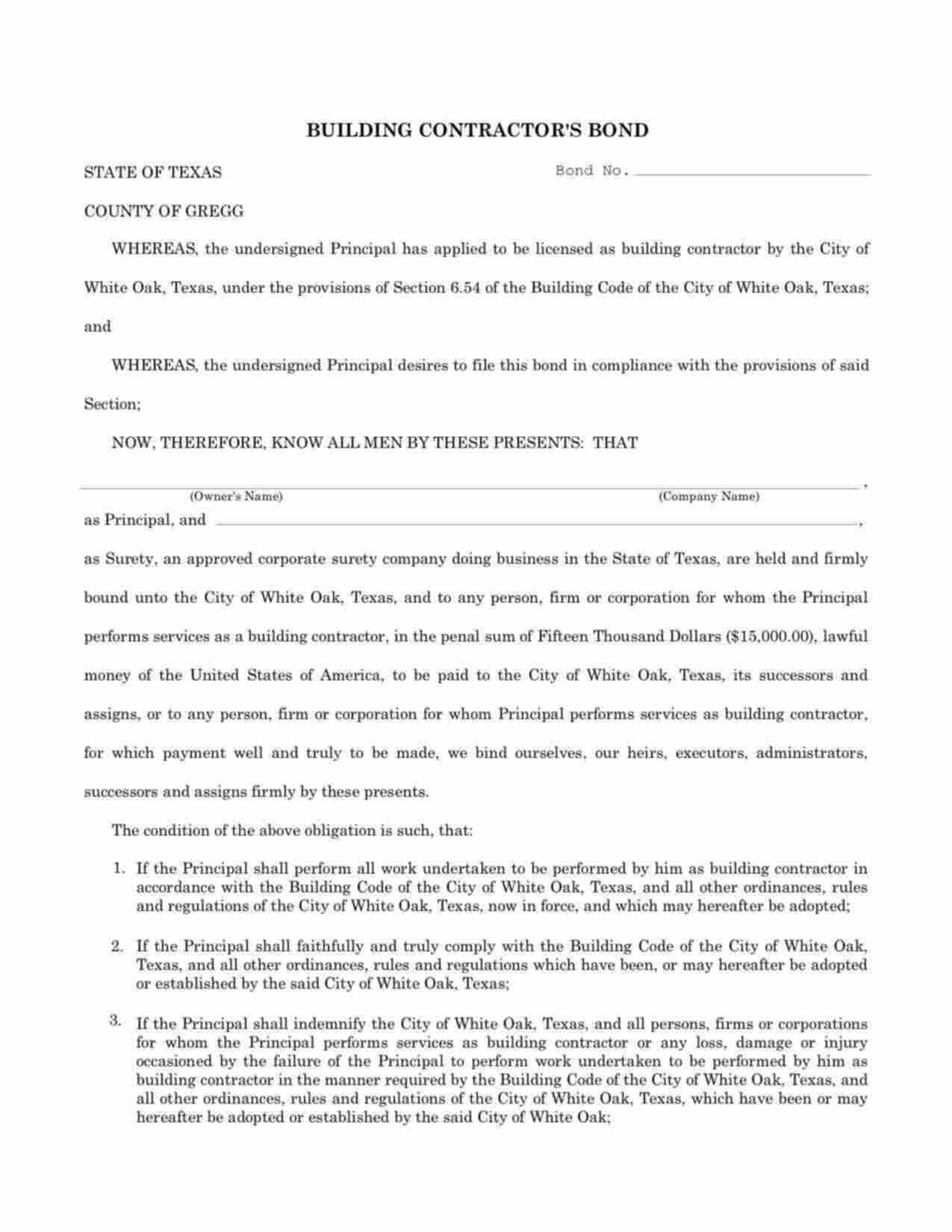 Texas Building Contractor Bond Form