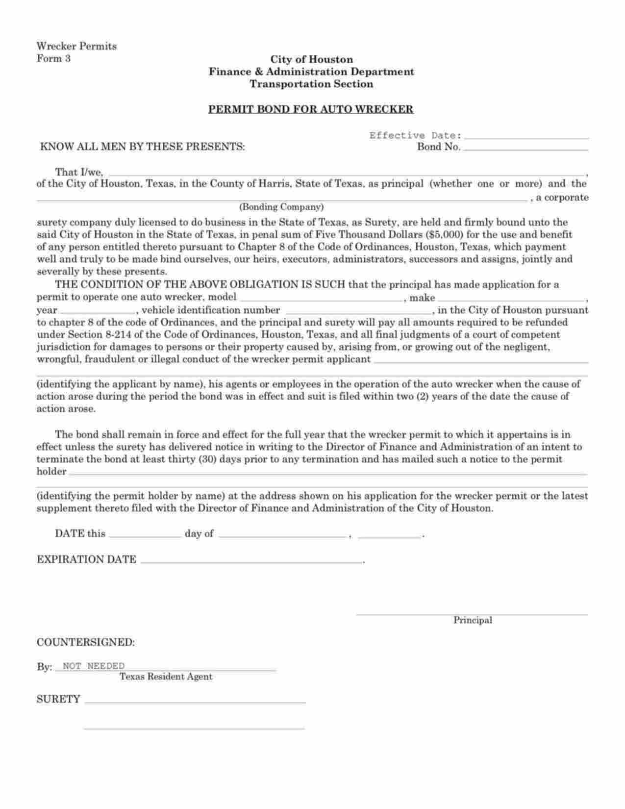 Texas Auto Wrecker Bond Form