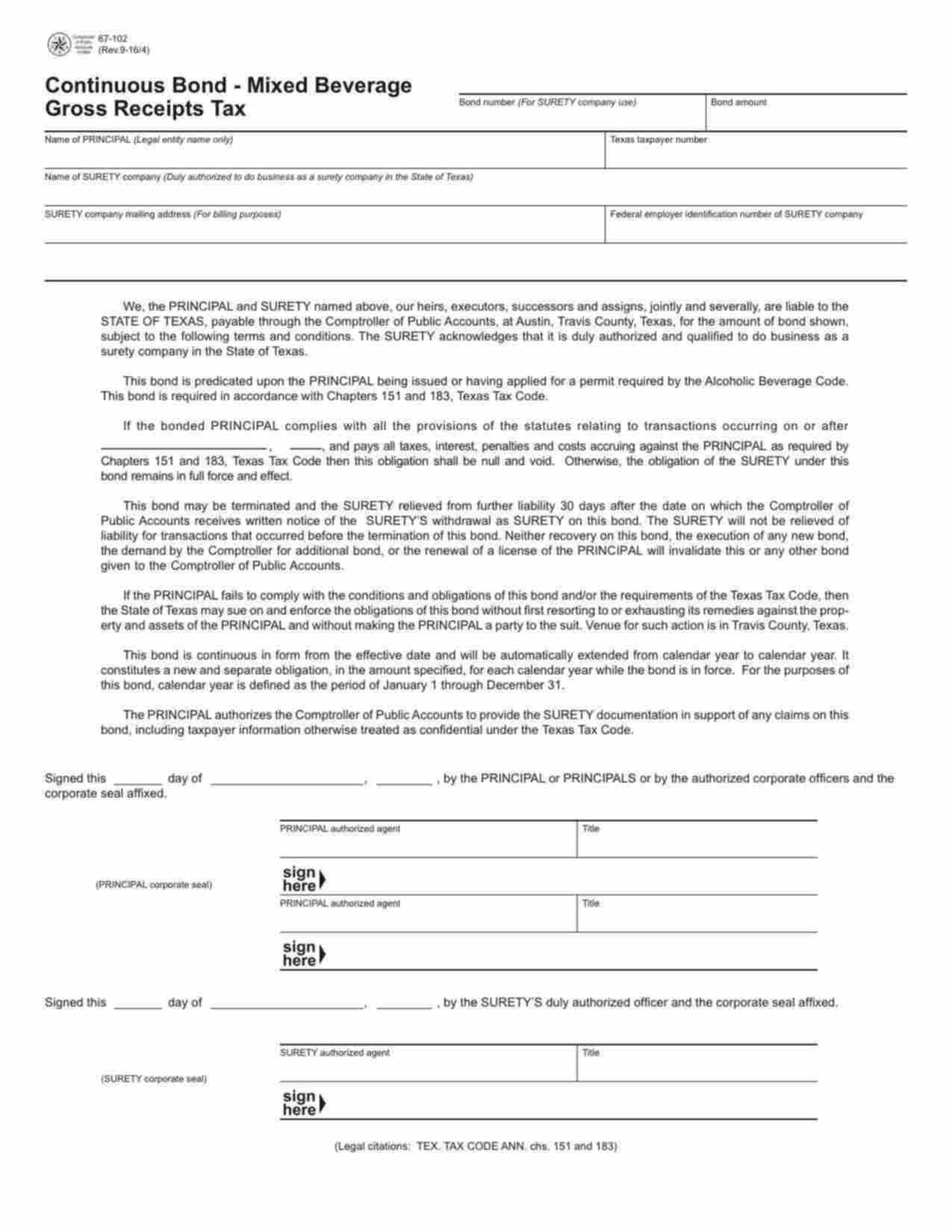 Texas Mixed Beverage Gross Receipts Tax Bond Form