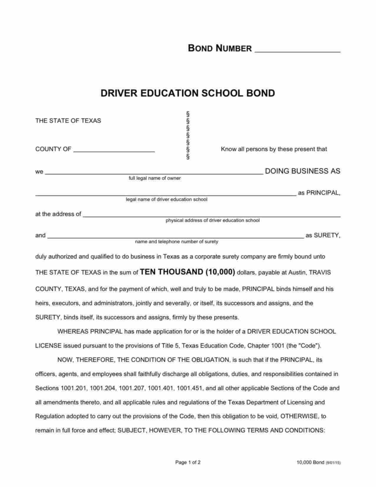 Texas Driver Education School Bond Form