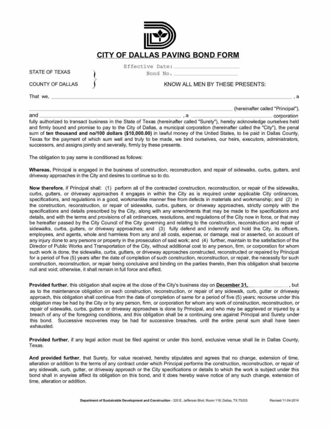 Texas Paving Bond Form