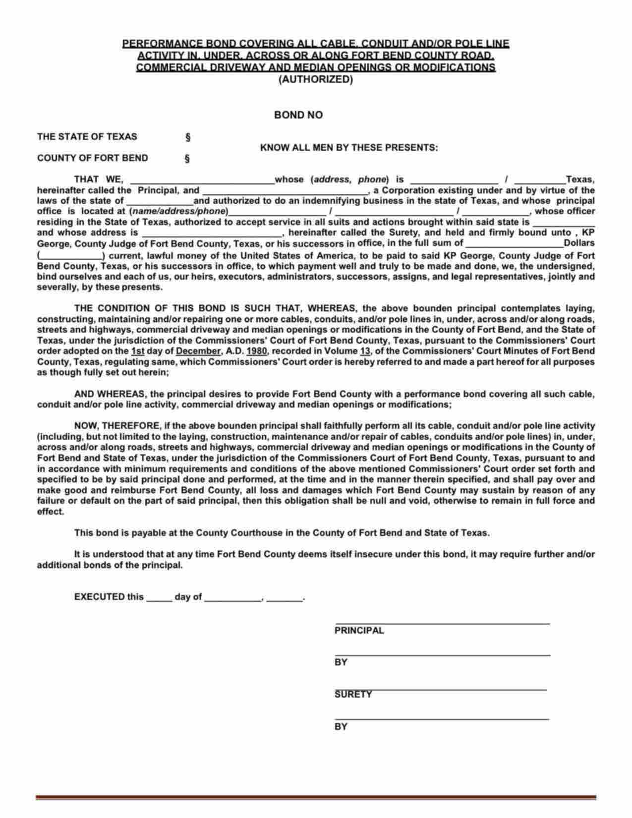 Texas Cable, Conduit and Pole Line Right of Way Performance Bond Form
