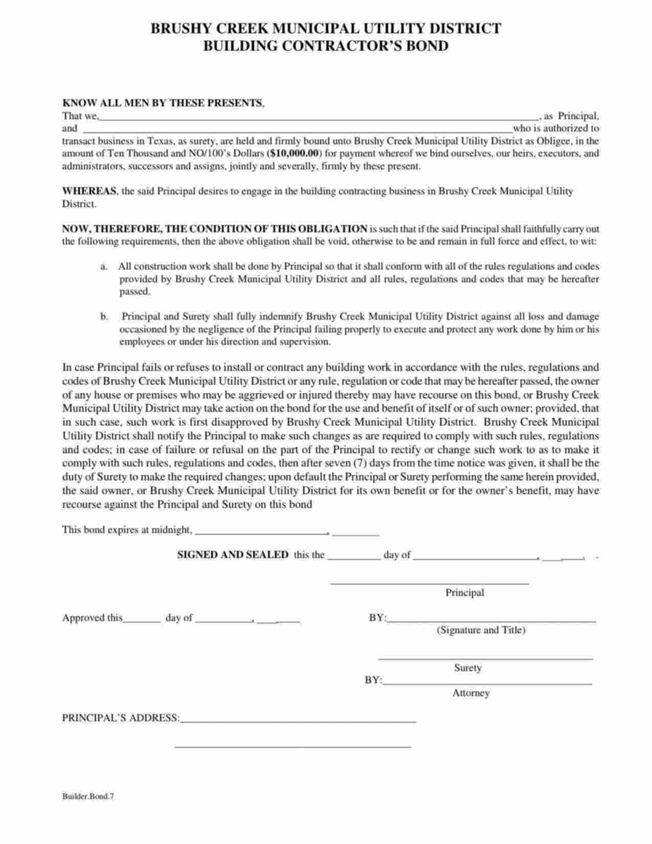 Texas Building Contractor Bond Form