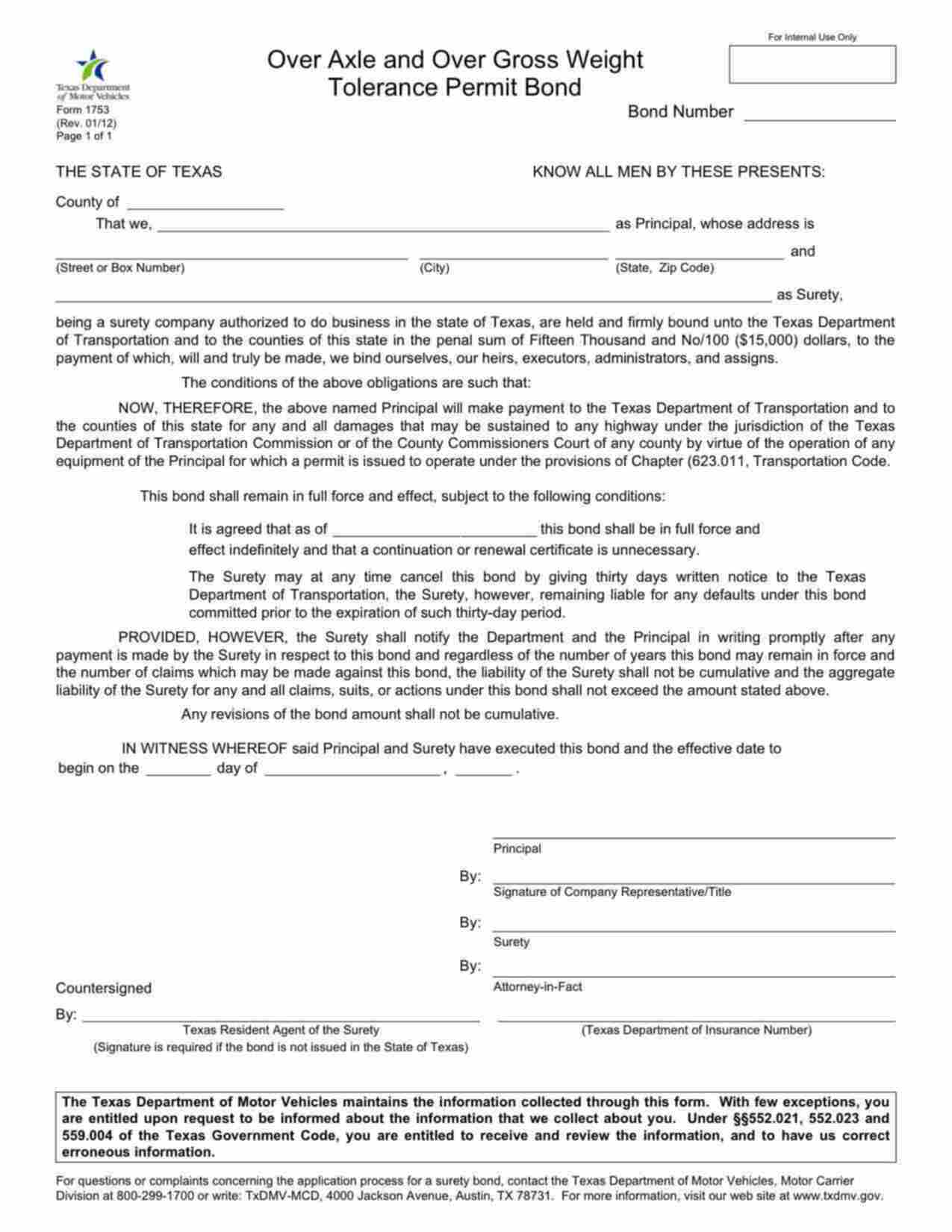 Texas Over Axle and Over Gross Weight Tolerance Permit Bond Form