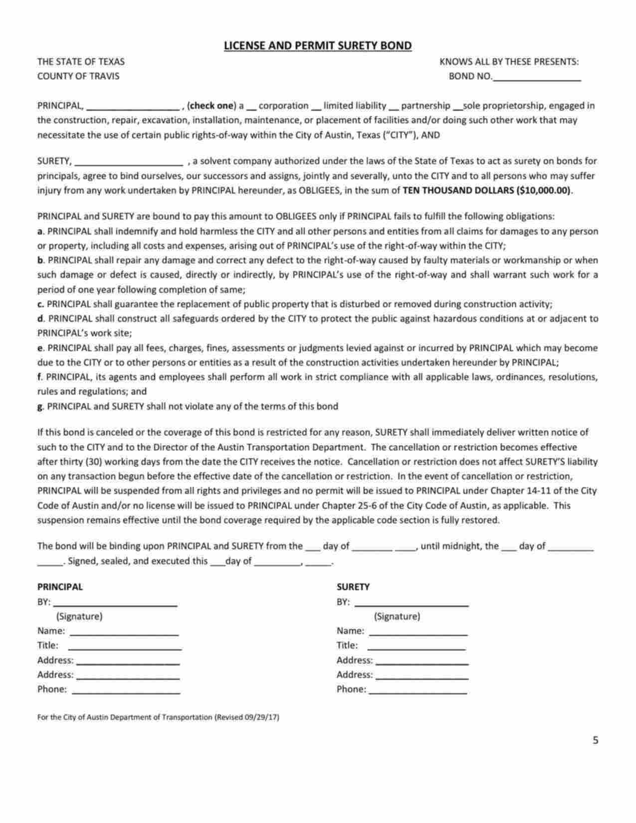 Texas Right-of-Way (License and Permit) Bond Form