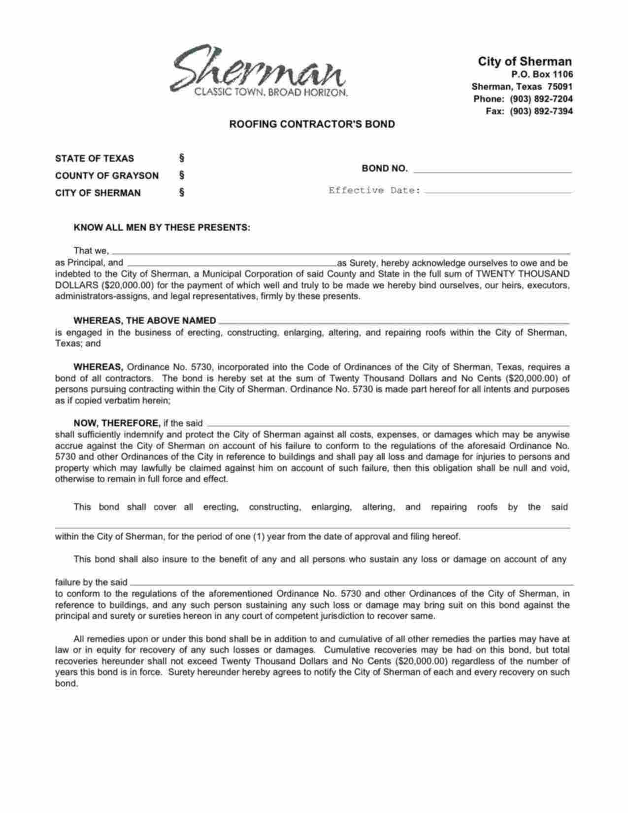 Texas Roofing Contractor Bond Form