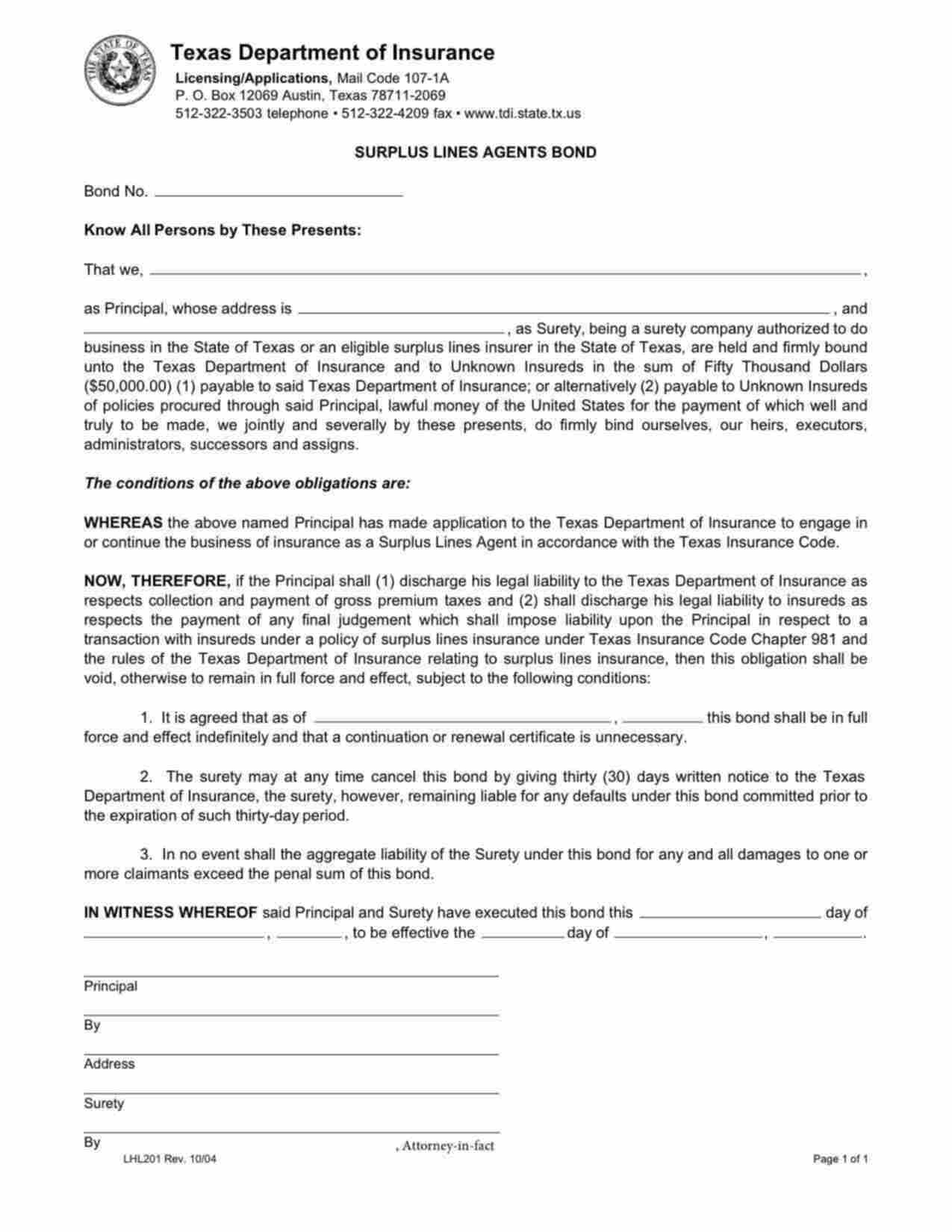 Texas Surplus Lines Agent Bond Form