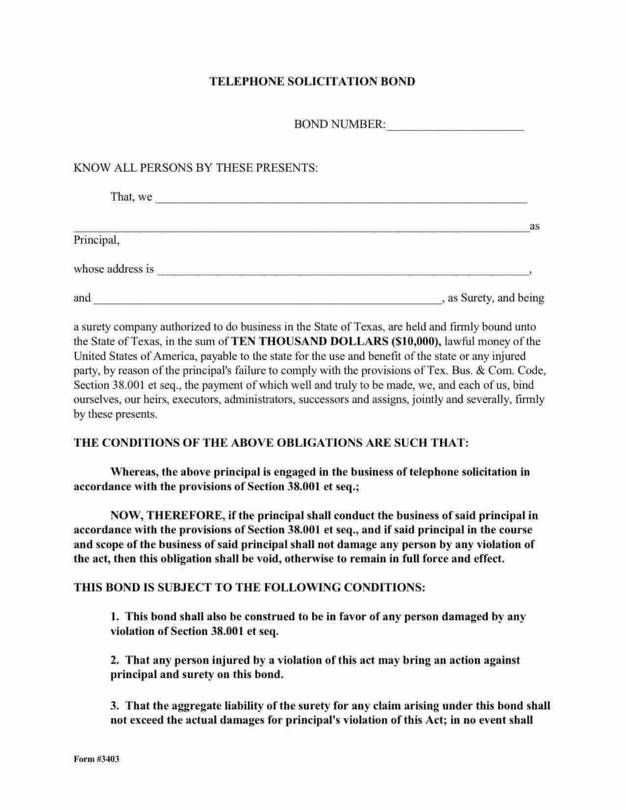 Texas Telephone Solicitation Bond Form