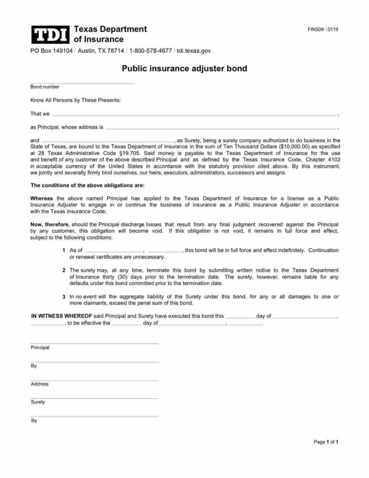 Texas Public Insurance Adjuster Bond Form