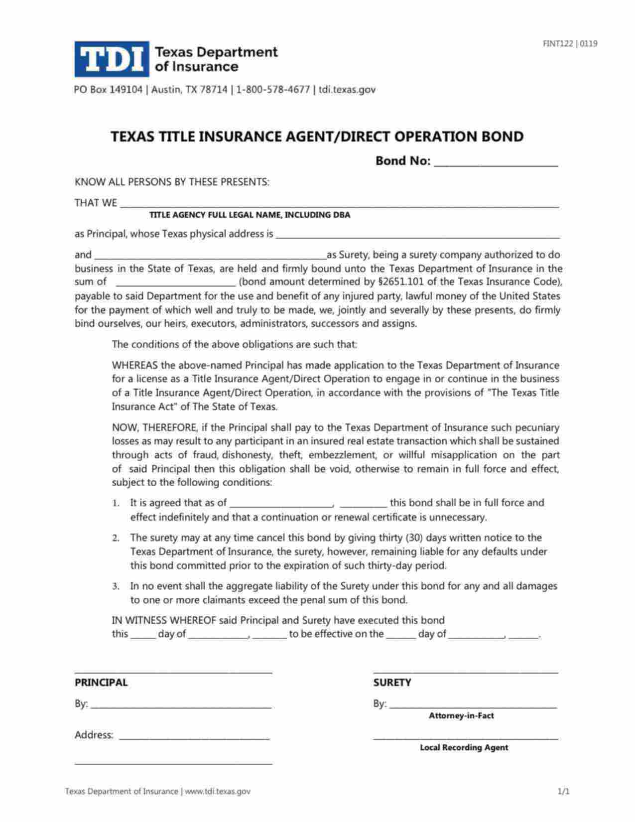 Texas Title Insurance Agent/ Direct Operation Bond Form