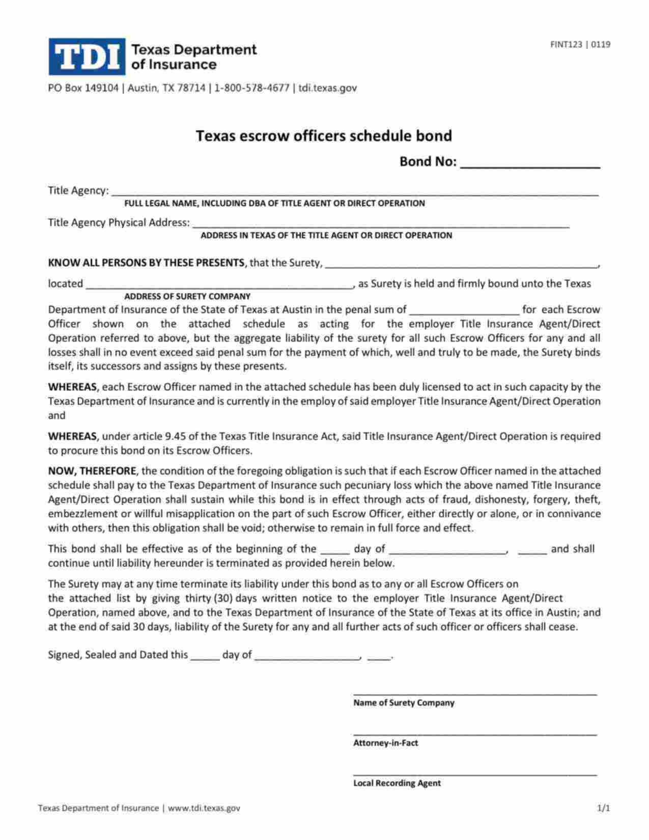 Texas Escrow Officers Schedule (Resident Agent) Bond Form