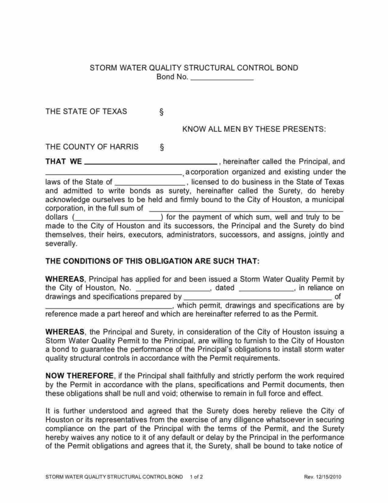 Texas Storm Water Quality Structural Control Bond Form