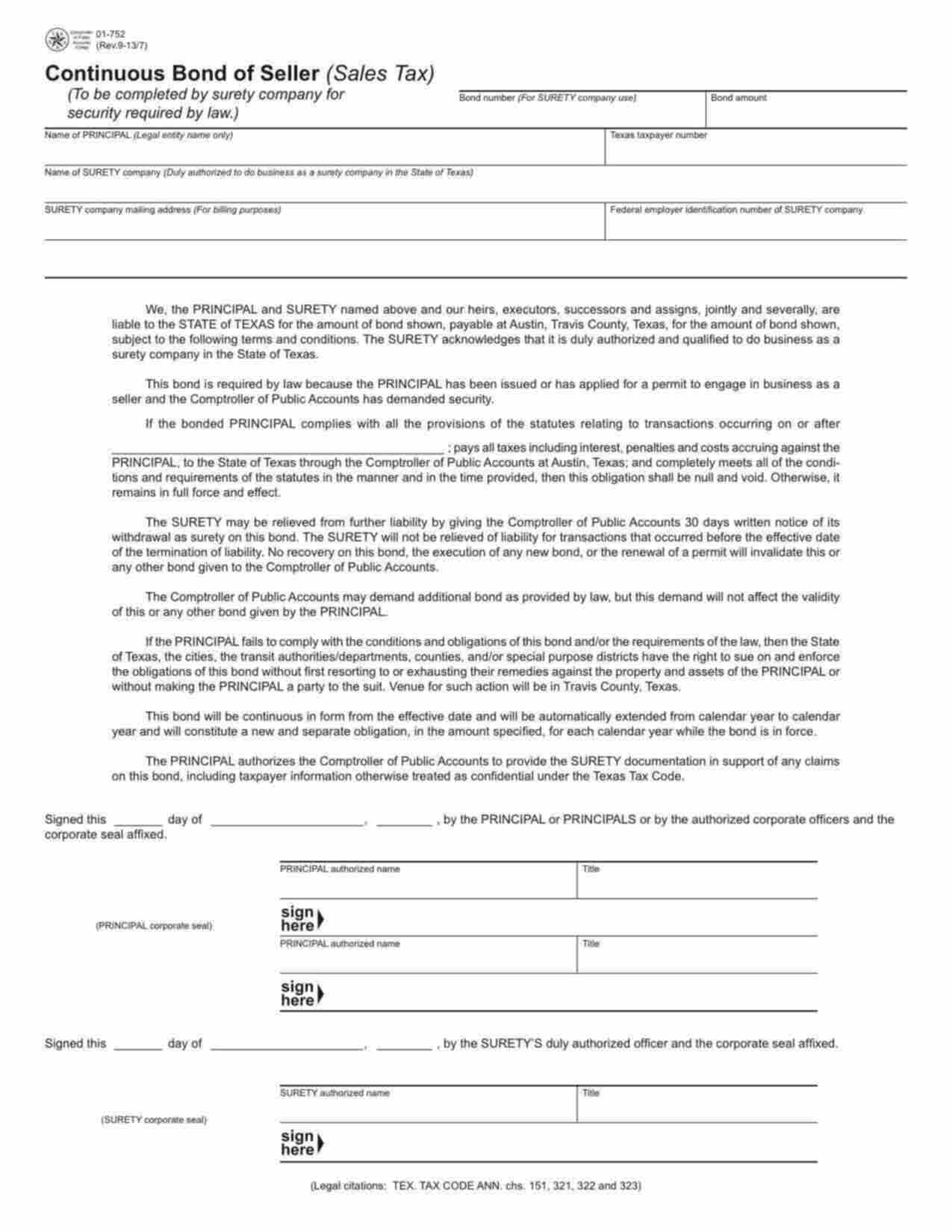 Texas Continuous Bond of Seller (Sales Tax) Bond Form