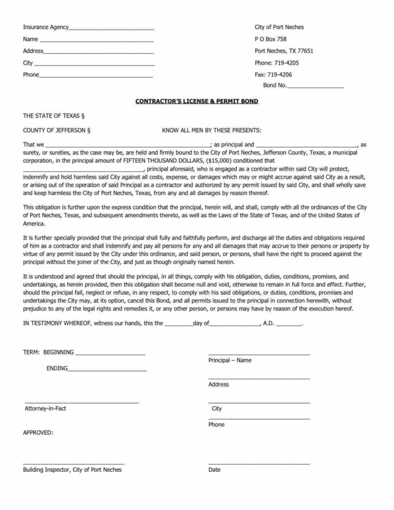 Texas Contractor's License/Permit Bond Form