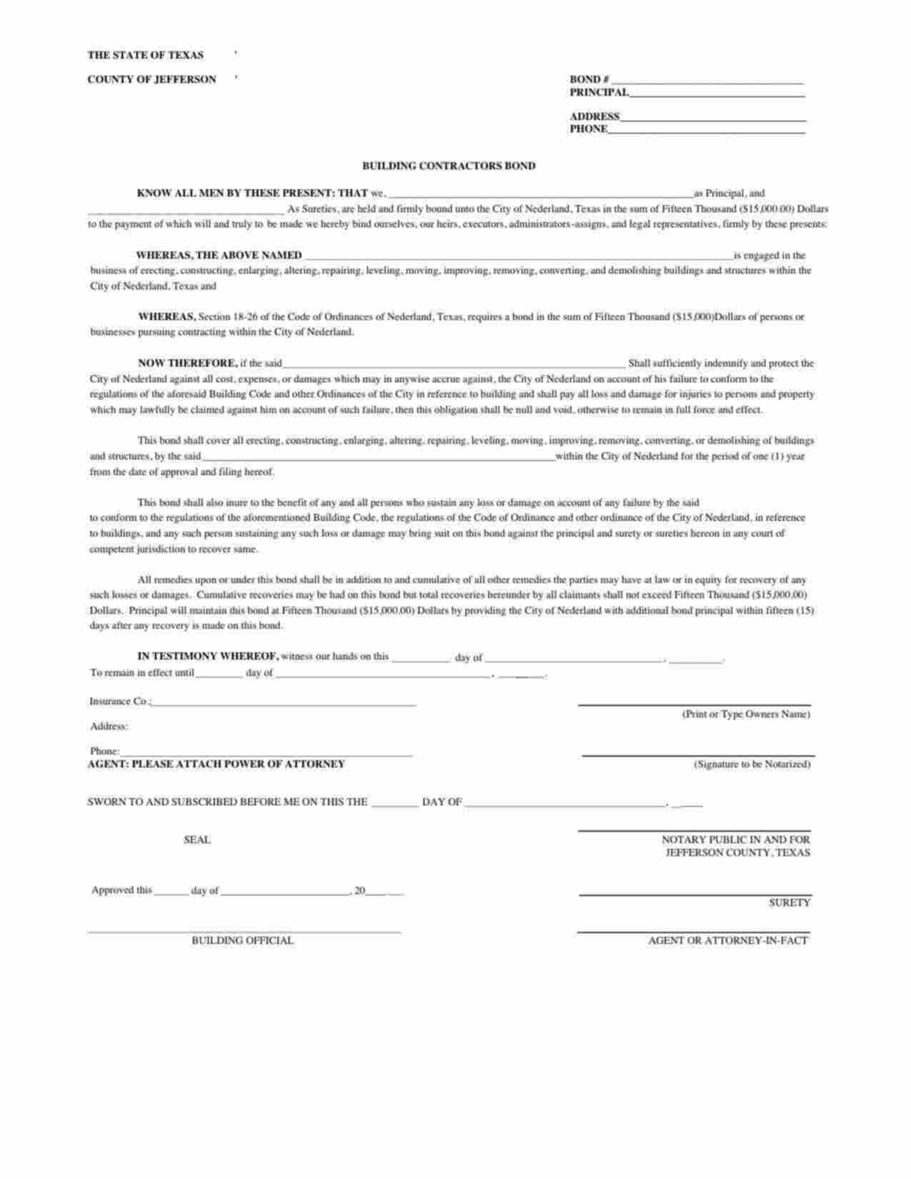 Texas Building Contractor Bond Form