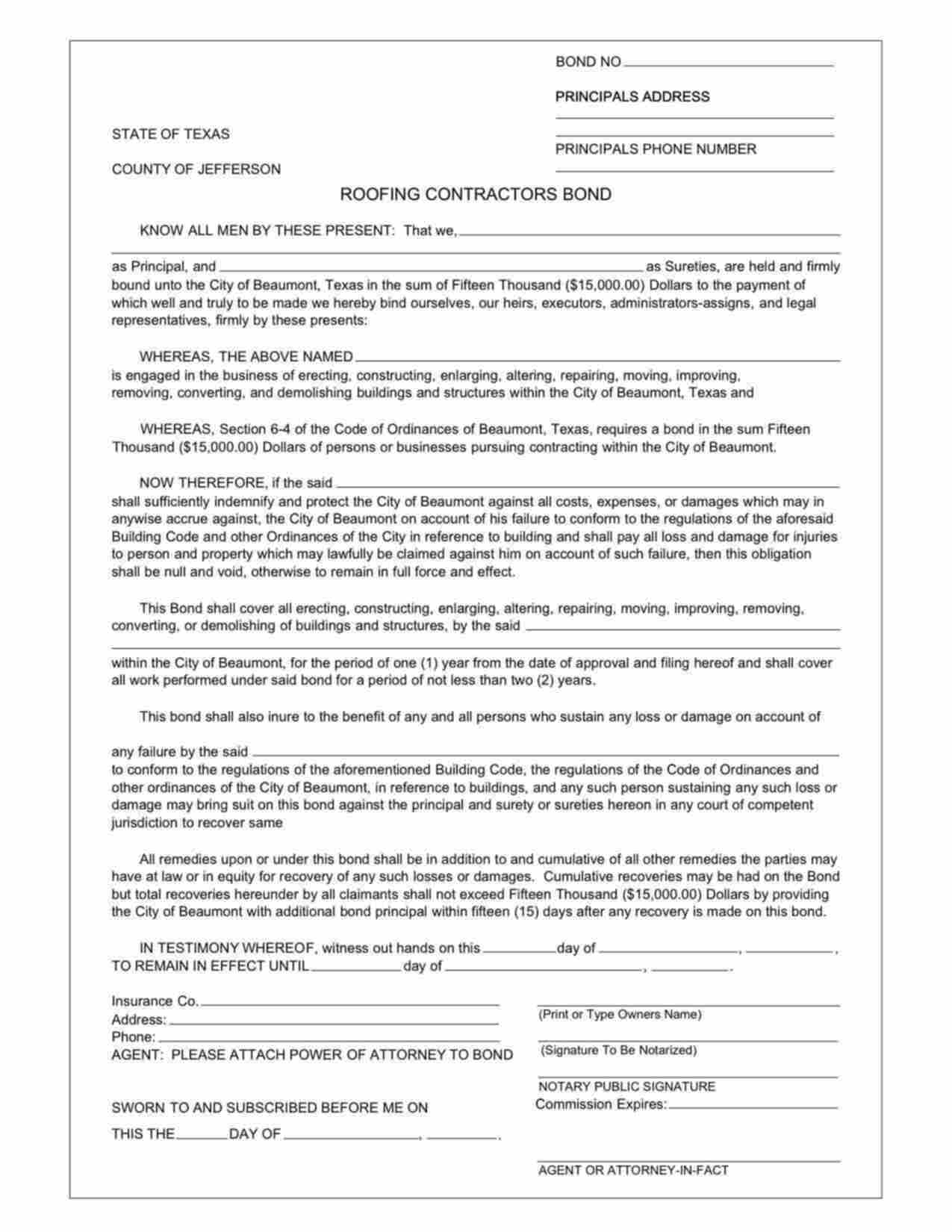 Texas Roofing Bond Form