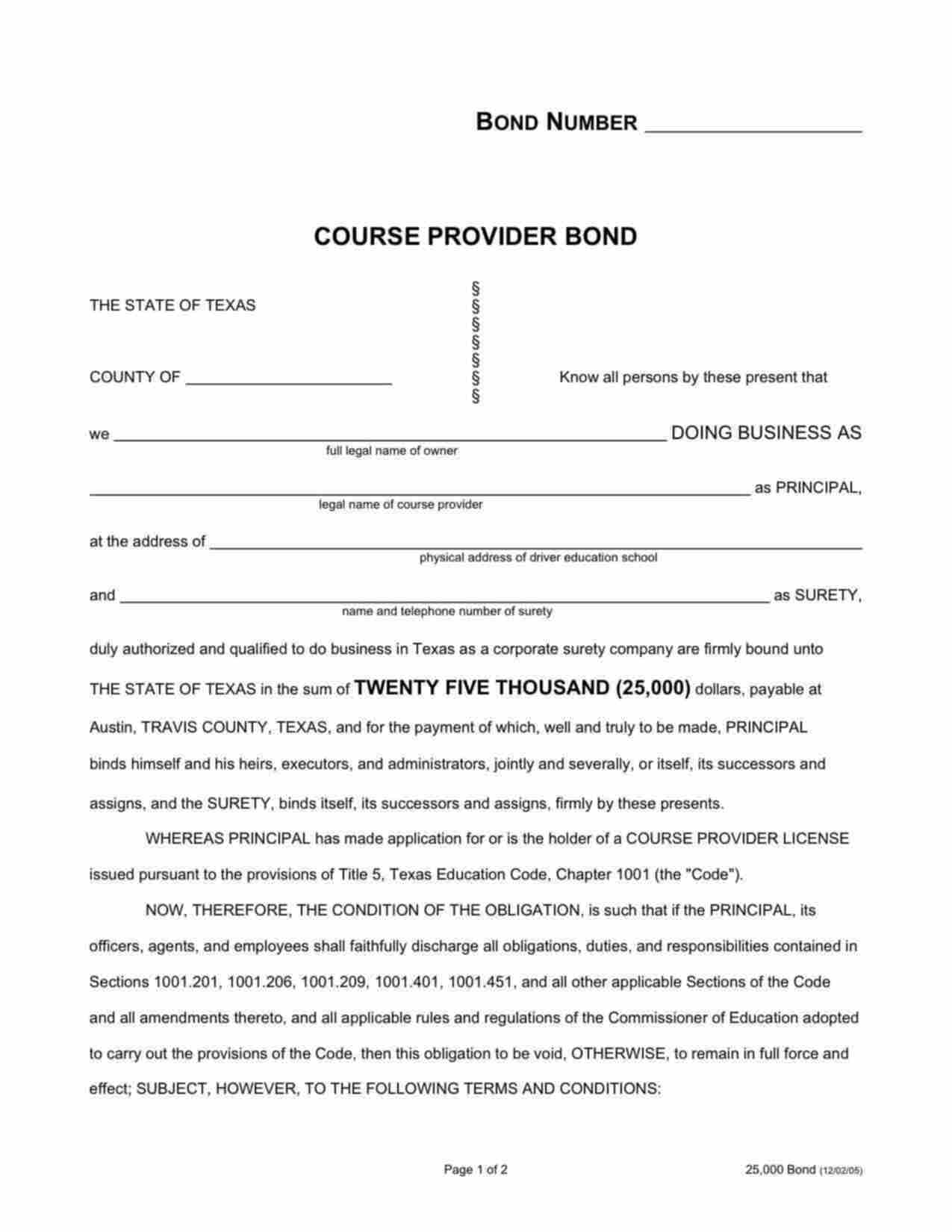 Texas Course Provider Bond Form
