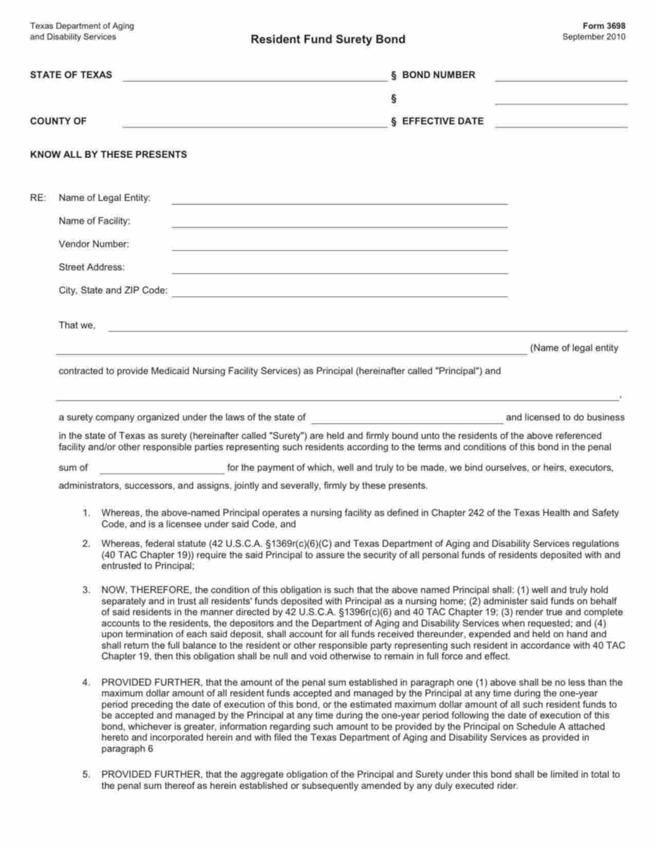 Texas Resident Fund (Nursing Home) Bond Form