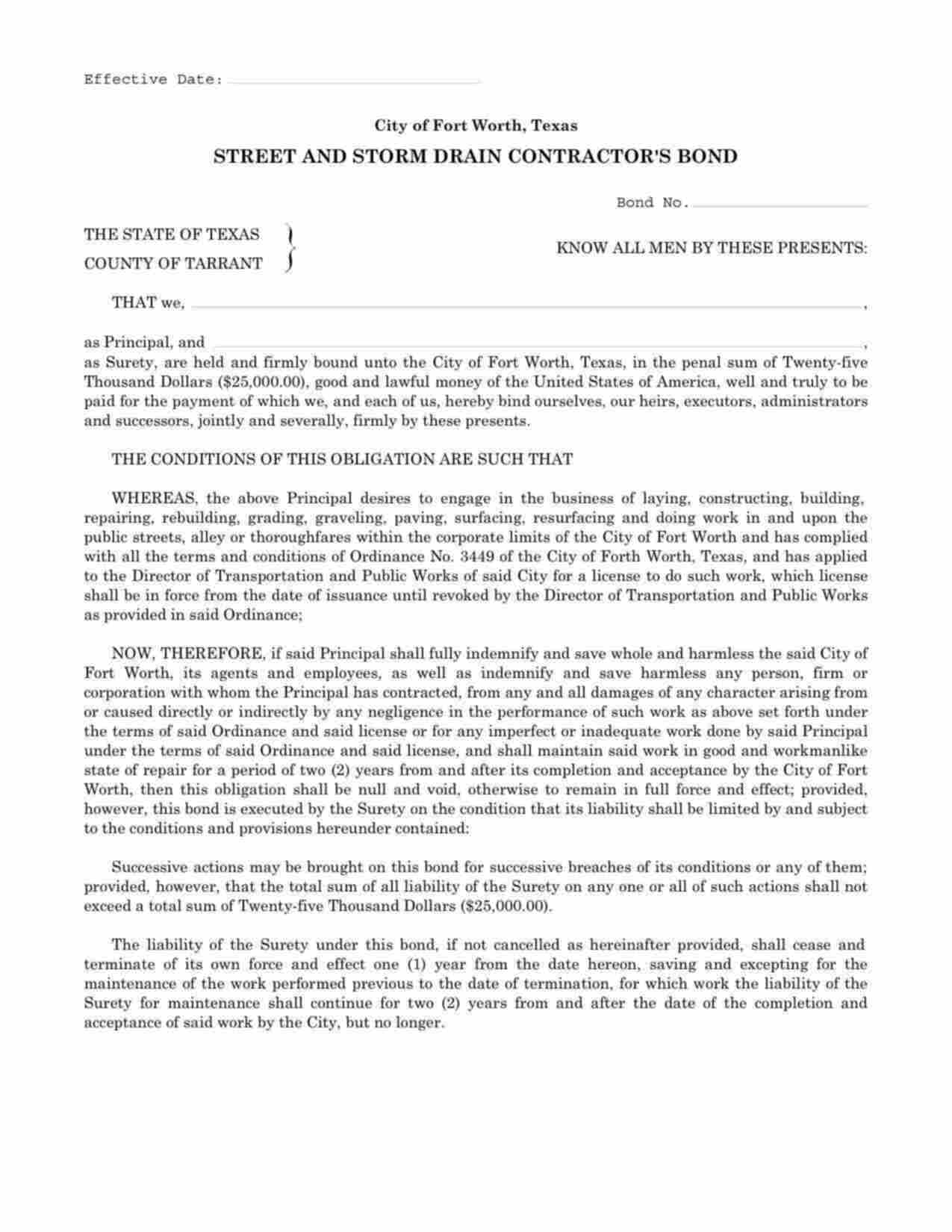 Texas Street and Storm Drain Contractor Bond Form