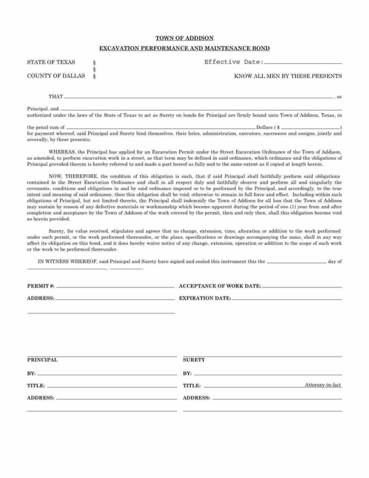 Texas Excavation Performance and Maintenance Bond Form