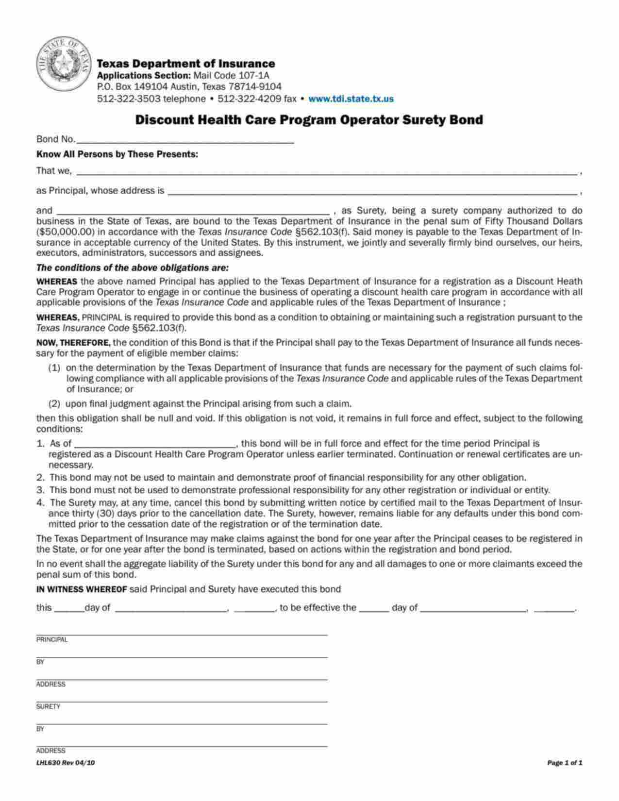 Texas Discount Health Care Program Operator Bond Form