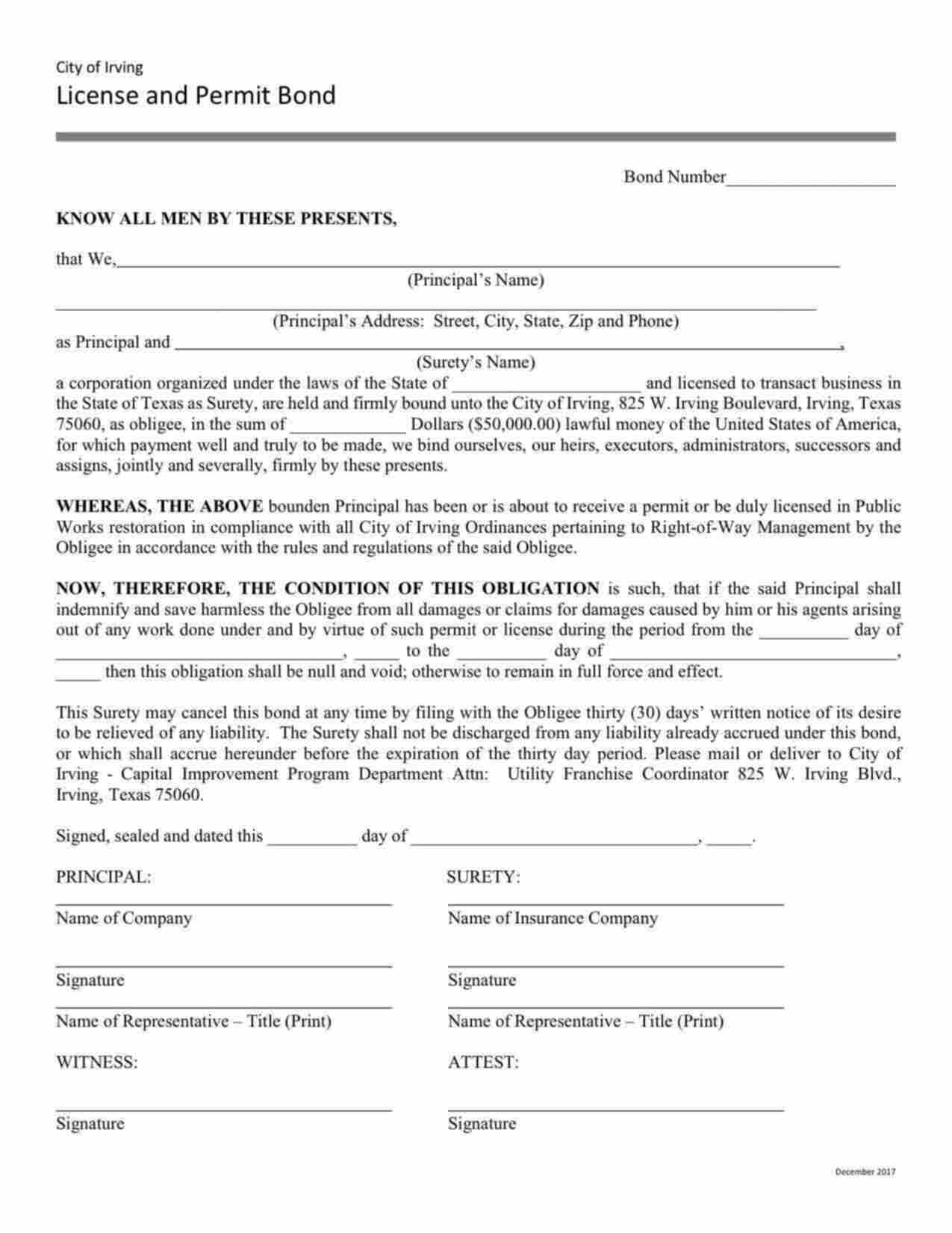 Texas Right-of-Way Permit Bond Form