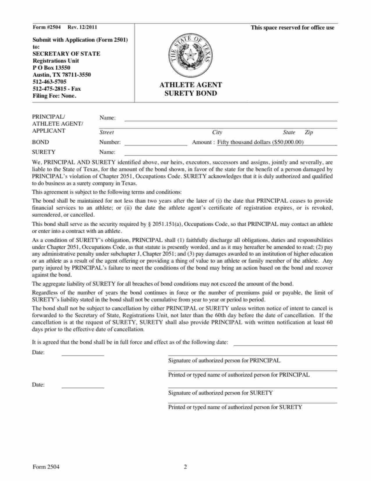 Texas Athlete Agent Bond Form