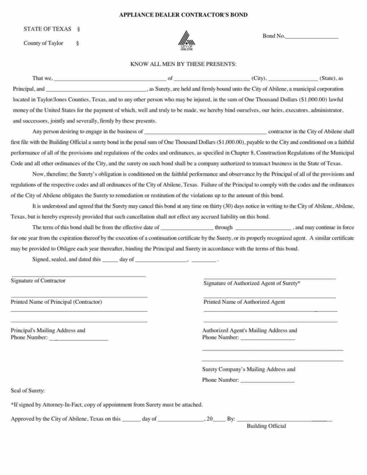 Texas Appliance Dealer Contractor Bond Form