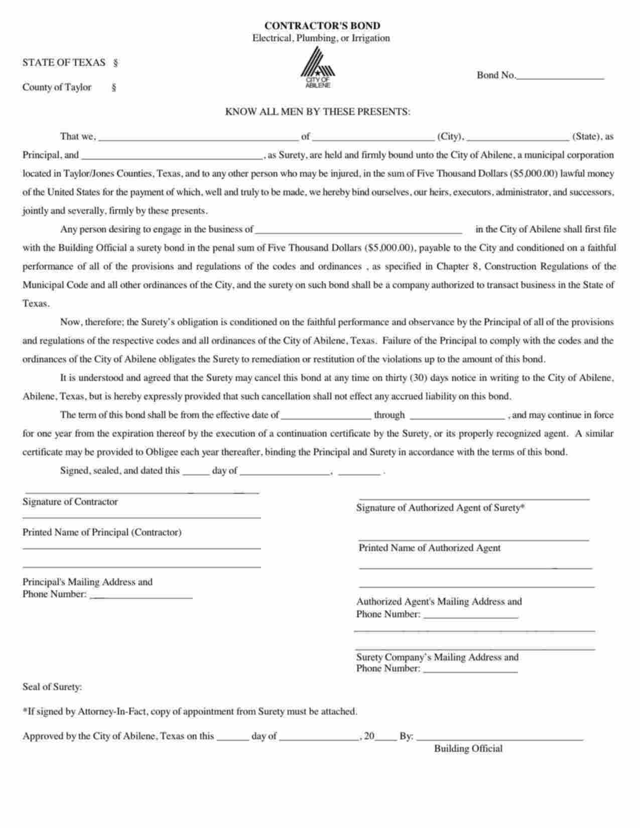 Texas Electrical Contractor Bond Form