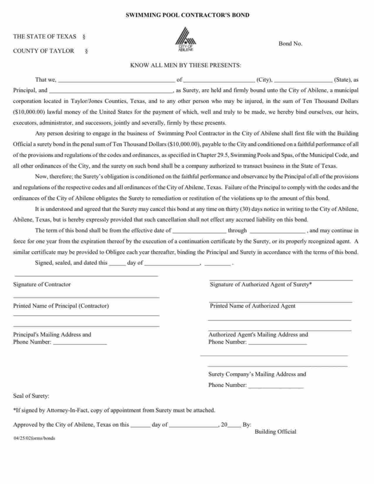 Texas Swimming Pool Contractor Bond Form