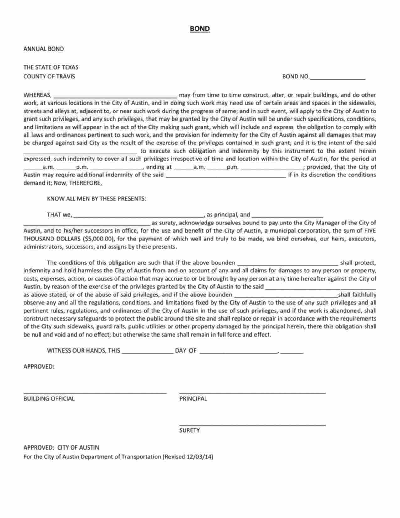 Texas Right-of-Way (Annual Bond) Bond Form