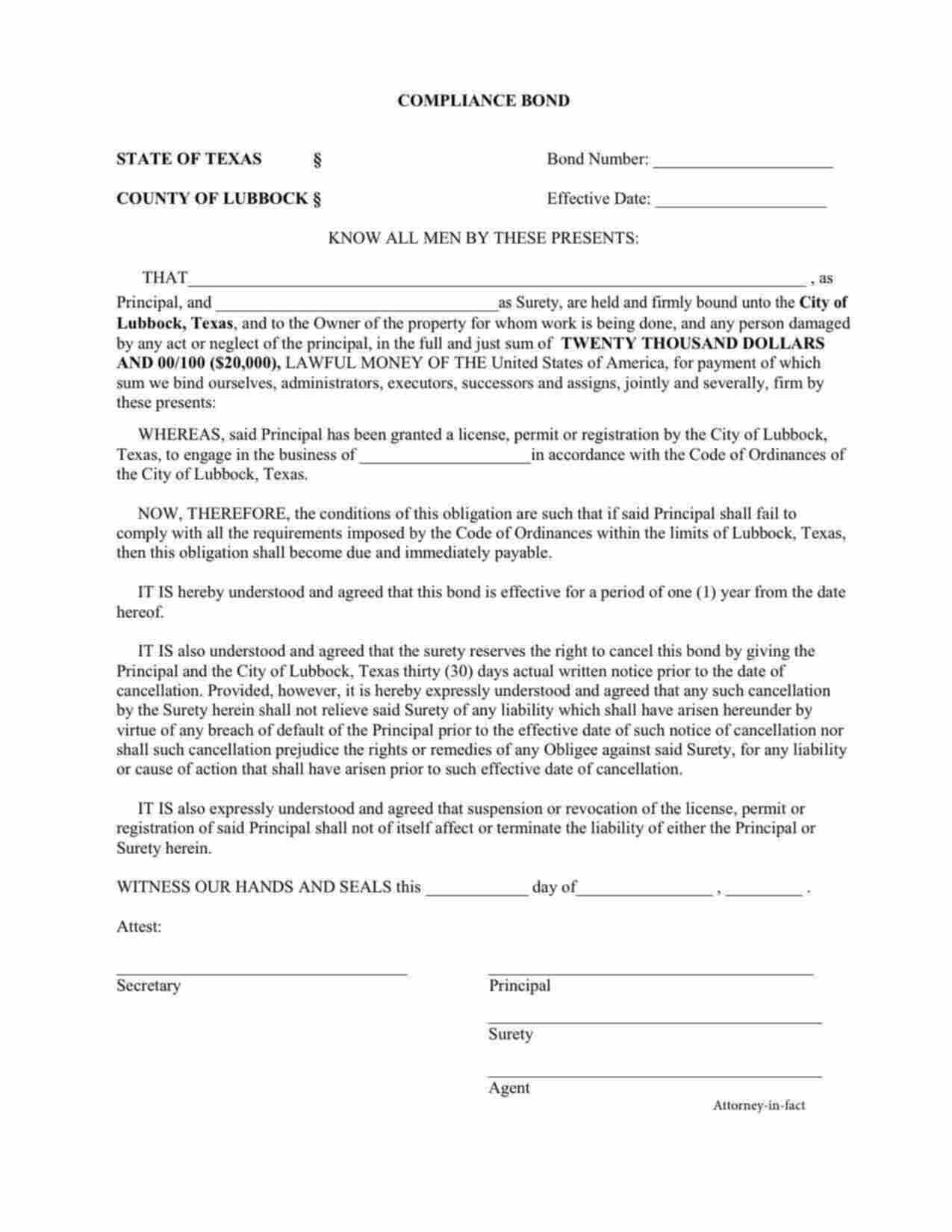 Texas Contractor Compliance Bond Form