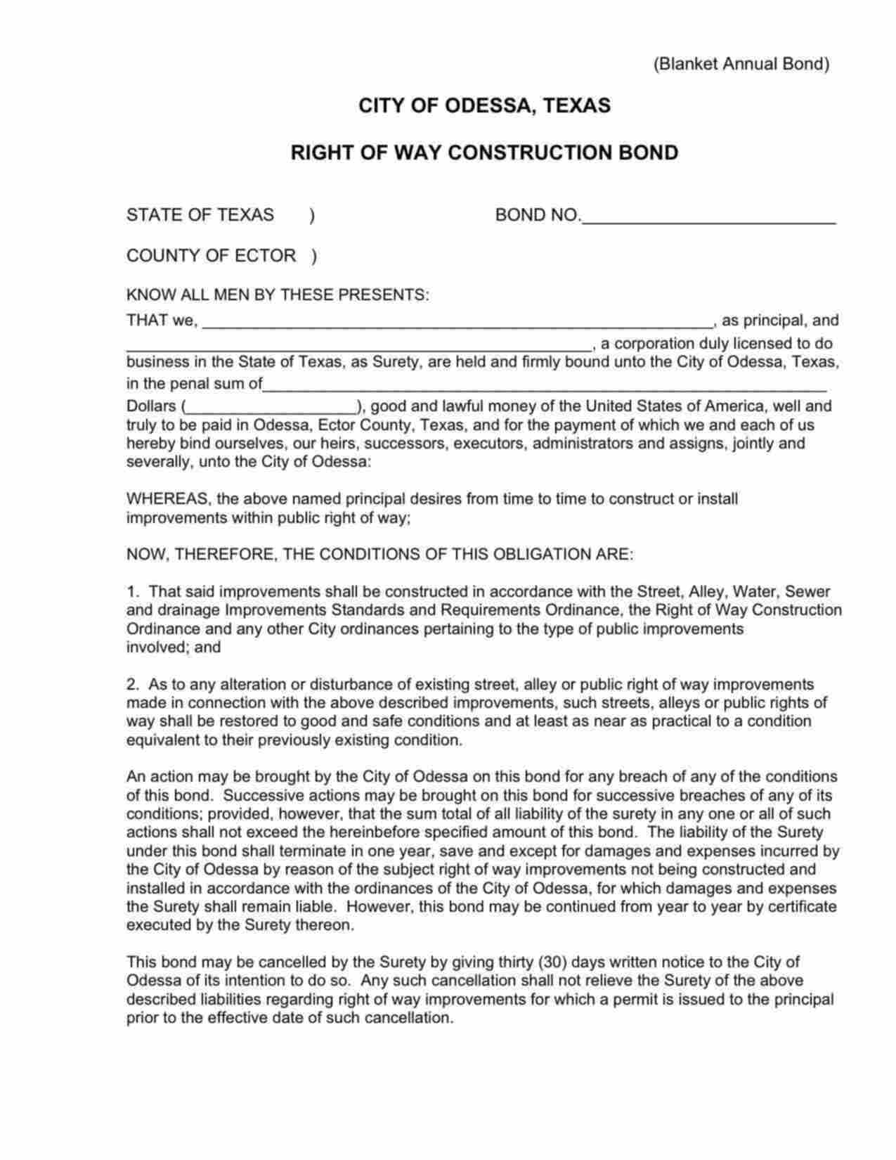 Texas Right of Way Construction Bond Form